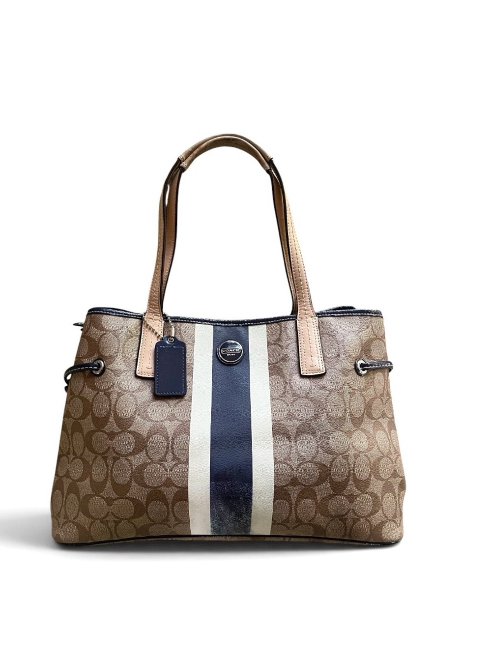 Coach Large Signature Brown/Tan w/Blue Stripe Tote Bag